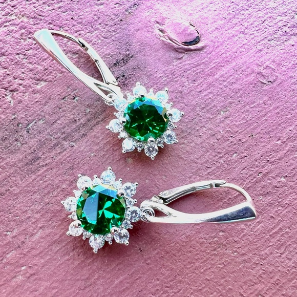 Halo Emerald Earrings Sterling Silver 925 , May Birthstone - Picture 8 of 11